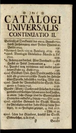 Catalogi Universalis Continuatio II.