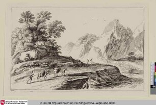 Bergige Landschaft mit Reisenden und zwei Eseln