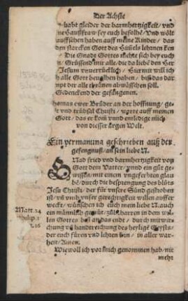 Ein vermanung geschrieben auß der gefengnuß/ an sein liebe N.