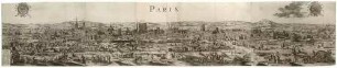 Panorama-Stadtansicht (großer Prospekt) von Paris in Frankreich von Osten mit reicher Staffage im Vordergrund, o. l. französische Wappen und o. r. Stadtwappen