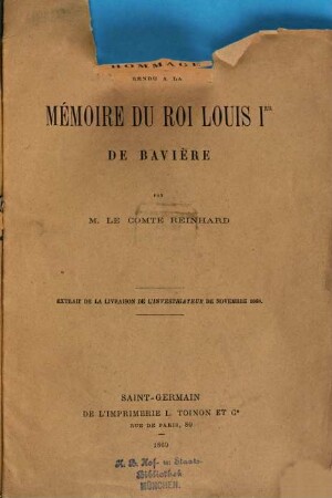 Hommage rendu à la mémoire du roi Louis 1er de Bavière : Extrait de la Livraison de l'Investigateur de Nov. 1868