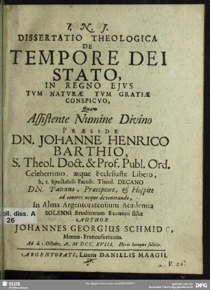 Dissertatio Theologica De Tempore Dei Stato : In Regno Eius Tum Naturae Tum Gratiae Conspicuo