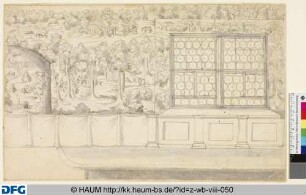 Wandabschnitt mit einem Fenster rechts und einer Wandnische links, Hirsche und Jäger im Wald