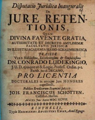 Disp. iur. inaug. de iure retentionis