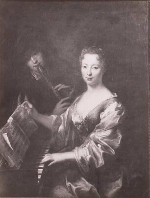 Dame am Spinett mit Flötenspieler : Pesne, Antoine: Dame am Spinett mit Flötenspieler. Um 1718. Öl auf Leinwand; 118 × 90 cm. Potsdam: Park Sanssouci, Neue Kammern