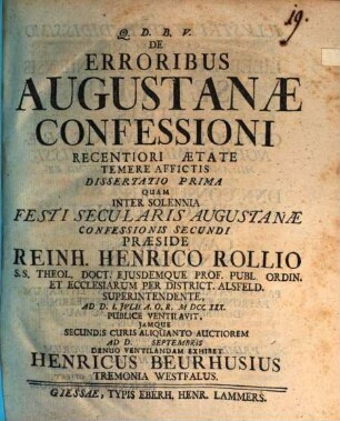 De erroribus, Augustanae Confessioni recentiori aetate temere affictis diss. I.