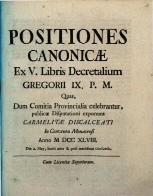Positiones Canonicæ Ex V. Libris Decretalium Gregorii IX. P.M.