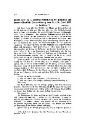Bericht über die 4. Generalversammlung des Verbandes für hauswirtschaftliche Frauenbildung vom 14.-16. Juni 1907 in Hamburg : (Fortsetzung)