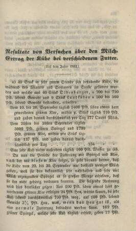 Resultate von Versuchen über den Milch-Ertrag der Kühe bei verschiedenem Futter.