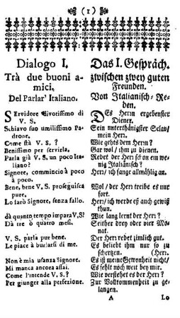 Dialogo I. Trà due buoni amici. / Das erste Gespräch. Zwischen zwey guten Freunden.