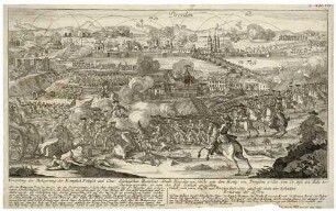 Dresden während der Belagerung und Bombardierung durch die preußische Armee im 7-jährigen Krieg im Juli 1760 von N über die Neustadt und die Elbe auf Altstadt und Umgebung mit Kanonenflugbahnen und Legende