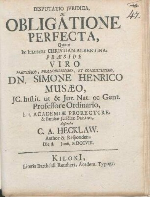Disputatio Jvridica, De Obligatione Perfecta