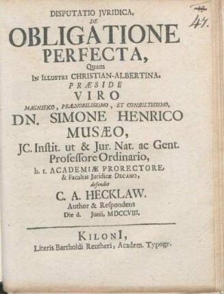 Disputatio Jvridica, De Obligatione Perfecta