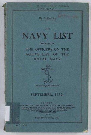 The Navy List for September, 1932, Corrected to the 18th August, 1932