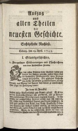 Sechszehnde Nachlese. Coburg, den 19. April. 1749.