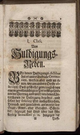 I. Class. Von Huldigungs-Reden. - III. Class. Von Vorstellungs-Reden.