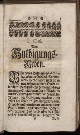 I. Class. Von Huldigungs-Reden. - III. Class. Von Vorstellungs-Reden.