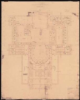 Wiener Staatsoper Wiederaufbau: Grundriss Bühnenhaus 2. Obergeschoss, Zuschauerhaus 1. Logenrang 1:200