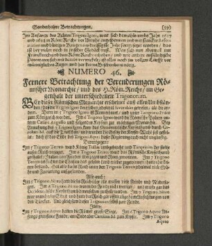 Numero 46. Fernere Betrachtung der Verenderungen Römischer Monarchie / und des H.Röm.Reichs / im Gegenhalt der unterschiedenen Trigonorum.