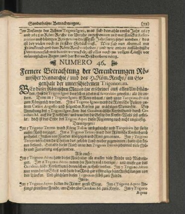 Numero 46. Fernere Betrachtung der Verenderungen Römischer Monarchie / und des H.Röm.Reichs / im Gegenhalt der unterschiedenen Trigonorum.