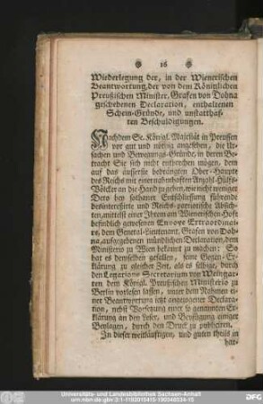 Wiederlegung der, in der Wienerischen Beantwortung, der von dem Königlichen Preußischen Minister, Grafen von Dohna geschehenen Declaration, enthaltenen Schein-Gründe, und unstatthaften Beschuldigungen.