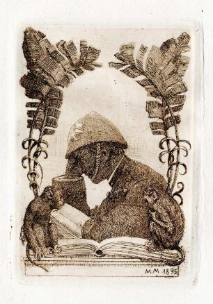 Exlibris mit lesendem Mann und zwei Affen : Exlibris mit lesendem Mann und zwei Affen. Radierung?; 27,7 x 18,1 cm (Blattgröße), 8,4 x 5,9 cm (Plattengröße) (1895; M. Molitor). Dresden: SLUB Mscr.Dresd.App.2000,452b