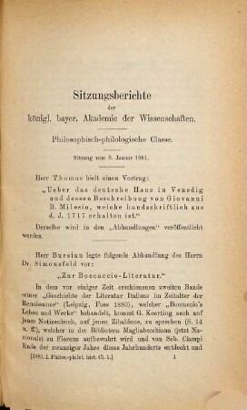 Sitzungsberichte der Bayerischen Akademie der Wissenschaften, Philosophisch-Philologische und Historische Klasse, 1881