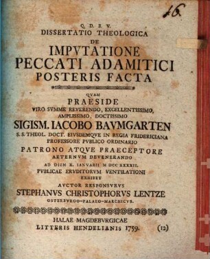Dissertatio Theologica De Impvtatione Peccati Adamitici Posteris Facta
