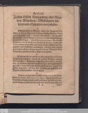 Articul Zu den Ersten Bottgeding oder Rüge/ den Würckern/ Uffschlägern Lädern und Stöppern vorzulesen/
