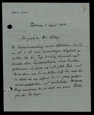 Nr. 7: Brief von Gyula König an David Hilbert, Taormina, 3.4.1906