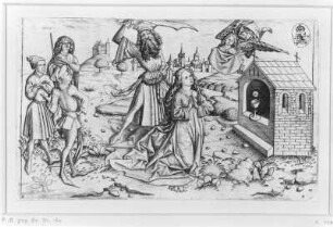 Das Martyrium der heiligen Barbara : Meister E.S.. Das Martyrium der heiligen Barbara. Kupferstich; 106 x 176 mm. Um 1465. Dresden: Kupferstich-Kabinett A 359 L 161