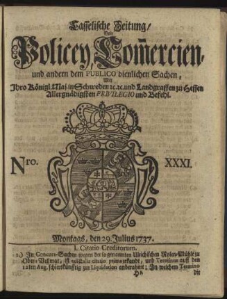 Nro. XXXI, Montags, den 29. Julius 1737