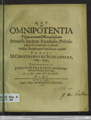 De omnipotentia : disputationem metaphysicam