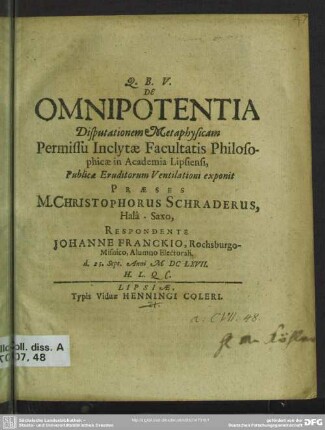 De omnipotentia : disputationem metaphysicam