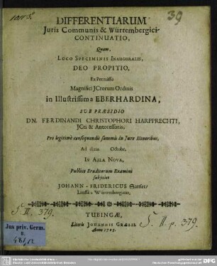 Differentiarum Iuris Communis & Würtembergici Continuatio