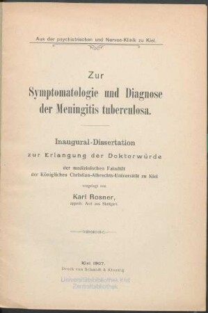 Zur Symptomatologie und Diagnose der Meningitis tuberculosa
