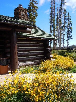 Blockhaus mit Blumengarten im Cedar Breaks Naturschutzgebiet