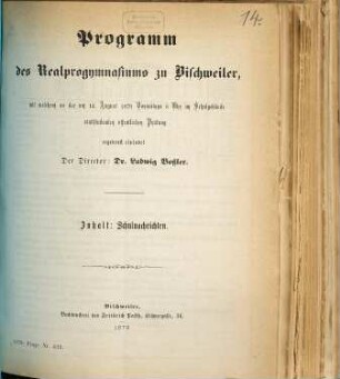 Programm des Realprogymnasiums und der mit Demselben Verbundenen Gymnasialklassen zu Bischweiler : mit welchem zu der öffentl. Prüfung u. Schlussfeier ... ergebenst einladet ..., 1878/79