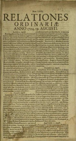 Relationes ordinariae / 1704 (unvollständig)