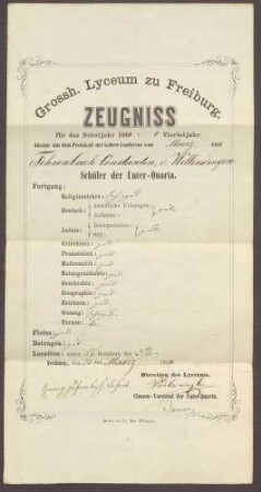 Zeugnis von Constantin Fehrenbach für das 2. Vierteljahr 1866