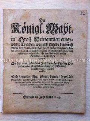 Bericht über Streitigkeiten zwischen dem Englischen König Karl I. und dem Parlament wegen des höchsten Gerichtes