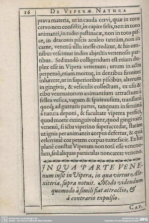 In qua Parte venenum insit in Vipera, in qua virtus Alexiteria, supra notuit... Cap. V.