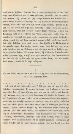 K. Uit een brief van Steven van der Haghen aan Bewindhebbers, in d. 20 Augustus 1618