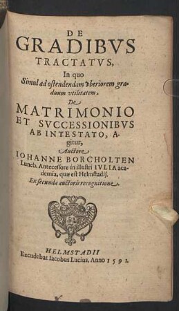 De Gradibvs Tractatvs : In quo Simul ad ostendendam uberiorem graduum utilitatem, De Matrimonio Et Successionibus Ab Intestato, Agitur
