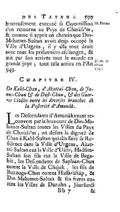 Chapitre IV. De Kahl-Chan, d'Akattai-Chan, de Junus-Chan & de Dost-Chan, & des Guerres Civiles entre les diverses branches de la Posterité d'Amunäk