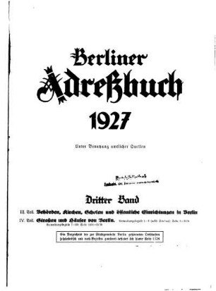 Berliner Adreßbuch 1927 Dritter Band