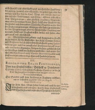 III. Rescriptum Regis Ferdinandi, Von den Ertzbischöffen/ Bischöffen/ Praelaten/ Capituln/ Orden/ und andern Geistlichs Standes ... Anno 1555.