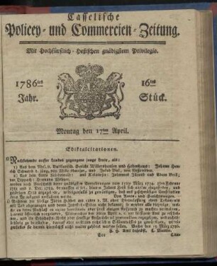 16tes Stueck, Montag den 17ten April. 1786