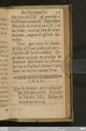 LXXII. Que les hommes apres le baptesme sont sans peché. ...
