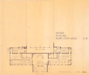Hallenbad Hüttental-Weidenau: Vorentwurf An- und Umbau des Hallenbades Hüttental-Weidenau - Erdgeschoss. Inhalt: Skizzierung der Reinigungsbrausen, WC-Anlagen, Wartehalle, Kassenbereich, Sammelumkleiden Mädchen und Knaben, Wannen- und Brausebäder für Damen und Herren